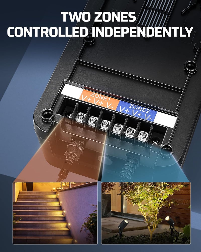 DEWENWILS 300W DC Low Voltage Landscape Transformer with 2 Zones, Photocell Sensor & Timer, Outdoor Low Voltage Transformer, Landscape Lighting Transformer for Spot Light Steplight - Image 2